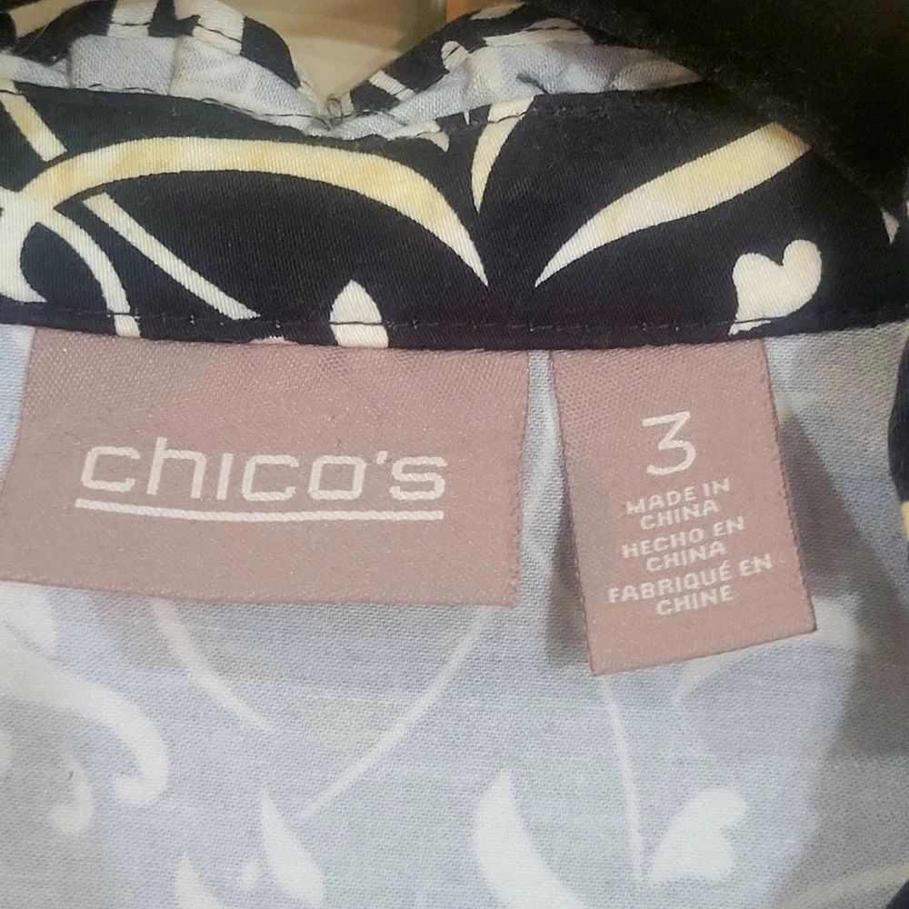Chicos Black Floral Open Front Jacket Women’s 3/4 Sleeve Size 3 (XL)